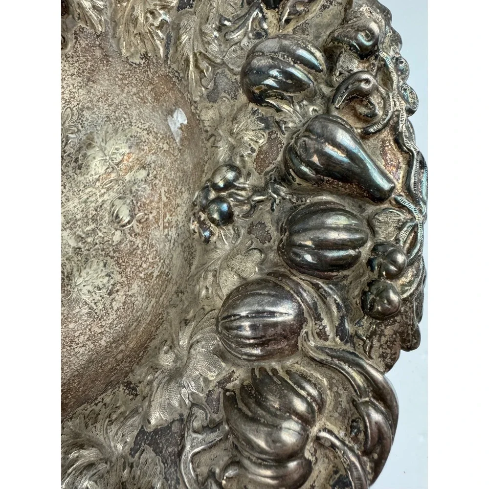 Vintage Silver Plate Tone Footed Bride Basket Repousse Grapes Gourd